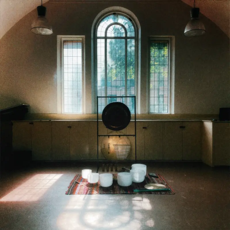 Sunlight through arched windows onto a rug with bowls in a quiet Hyndland hall.